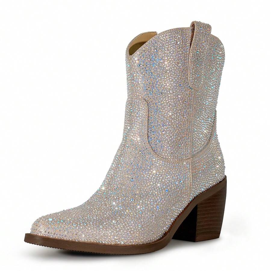 WETKISS Ankle Cowboy Boots For Women, With Rhinestone Design, Chunky Heel And Side Zipper, Comfortable And Stylish - Rượu sâm banh - Xem 1