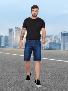 Calça Shorts Jeans Masculina Slim Original Elastano Roupas direto da fábrica da Moda Cor Escuro - Lavagem escura - Visão 4