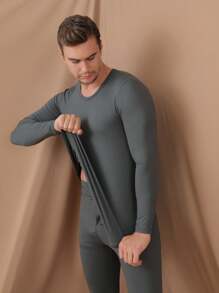 1套男士保暖內衣套裝,純色柔軟舒適基本款長約翰緊身衣 - 灰色 - 查看 2