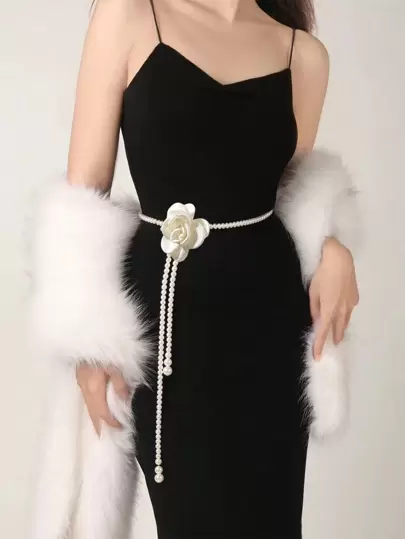 1pc Fashionable Faux Pearl Decorated Flower Design Waist Chain For Women, Christmas Party Decoration For Dress Elegant Halloween Summer, School Fall, Autumn, Halloween