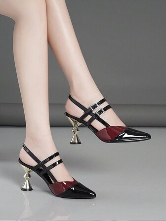 Kvinnors spetsiga tå högklackade skor, tjocka klackar, svart, silver, röd, vit, mode nya stilar