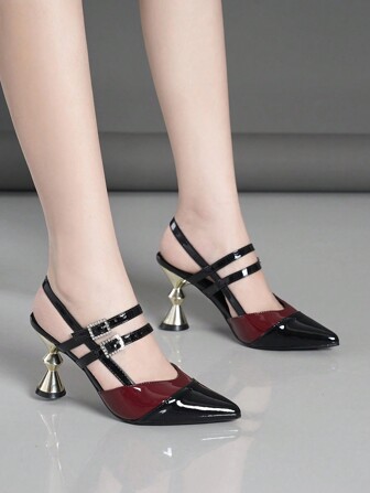 Kvinnors spetsiga tå högklackade skor, tjocka klackar, svart, silver, röd, vit, mode nya stilar