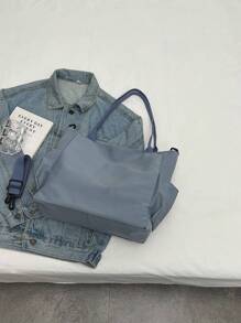 字母贴布装饰轻便购物袋，多口袋休闲手提包，斜挎书包，大容量单肩包，适合上班族、毕业生、青少年、大学生和高中生，是工作、商务通勤、户外旅行和返校的理想之选。 - 霧霾藍 - 查看 7