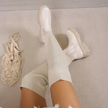 女式過膝高筒靴,彈力,粗跟,隱形坡跟,厚底,秋冬,新品 - 米色 - 查看 1