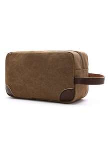 1 件装休闲帆布化妆包，带 PU 皮革手柄，旅行男士洗漱剃须女士洗漱用品收纳防水化妆包邮轮必备洗漱包夏季旅行必备品，适合海滩度假假期学校用品宿舍必备品返校 - 咖啡棕 - 查看 3