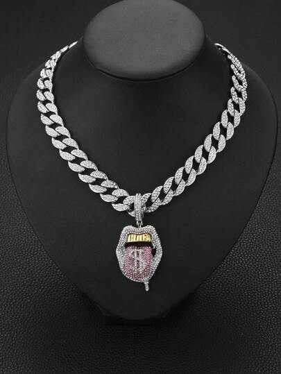 قلادة متدلية للرجال سبيكة شفاه شكل مع بديكور حجر الراين , هيب هوب أسلوب سلسلة الى ملابس يومية قطعة واحدة