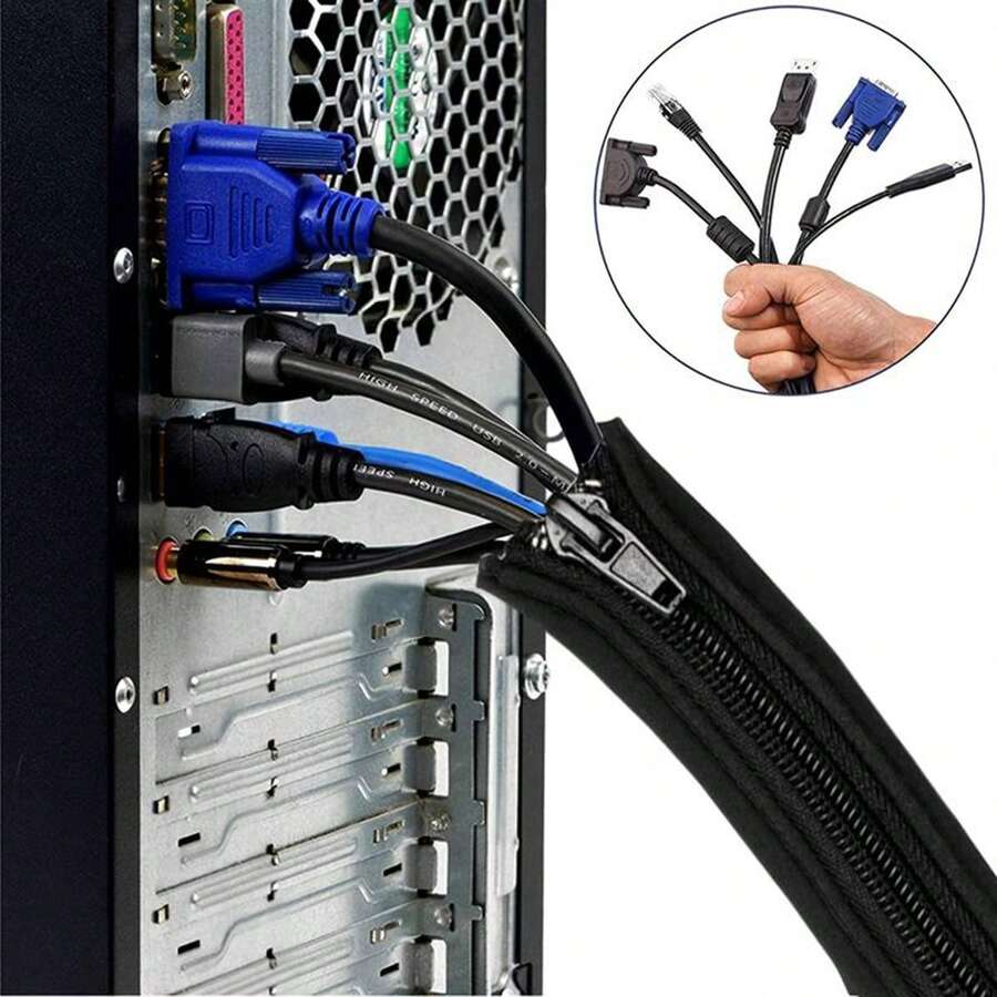 1pc Zippered Cable Management Sleeve & Cord Protector For Desktop Wire Organization, Office Cable Storage - Black - View 1