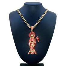 1pc Gorgeous Rhinestone Santa Muerte Necklace Men's Necklace Santisima Muerte Pendant 60CM Figaro Chain - Gold - View 5