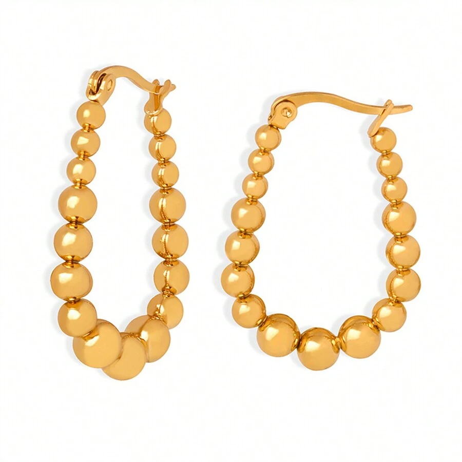 1pair Gold-toned Bead Decorated Earrings Suitable For Everyday Wear - Gold - View 1