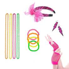22入組女孩80年代服裝配件,1980年代花俏派對套裝,包括t恤,芭蕾舞裙,腰包,頭帶,耳環,項鍊,魚網手套,腿套,眼鏡,手鍊,髮圈等配件,女裝裝扮