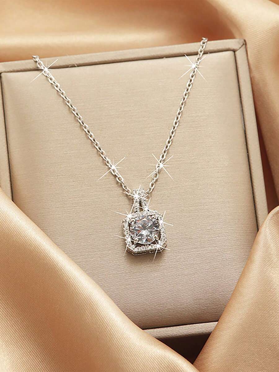 1pc Full Diamond Square Cubic Zirconia Pendant Ladies Necklace - Silver - View 1