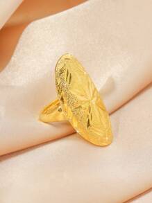 1pc Universal Style Elliptical Shaped Characteristic Face Star & Floral Pattern Ring For Women, Gift - Yellow Gold - View 1