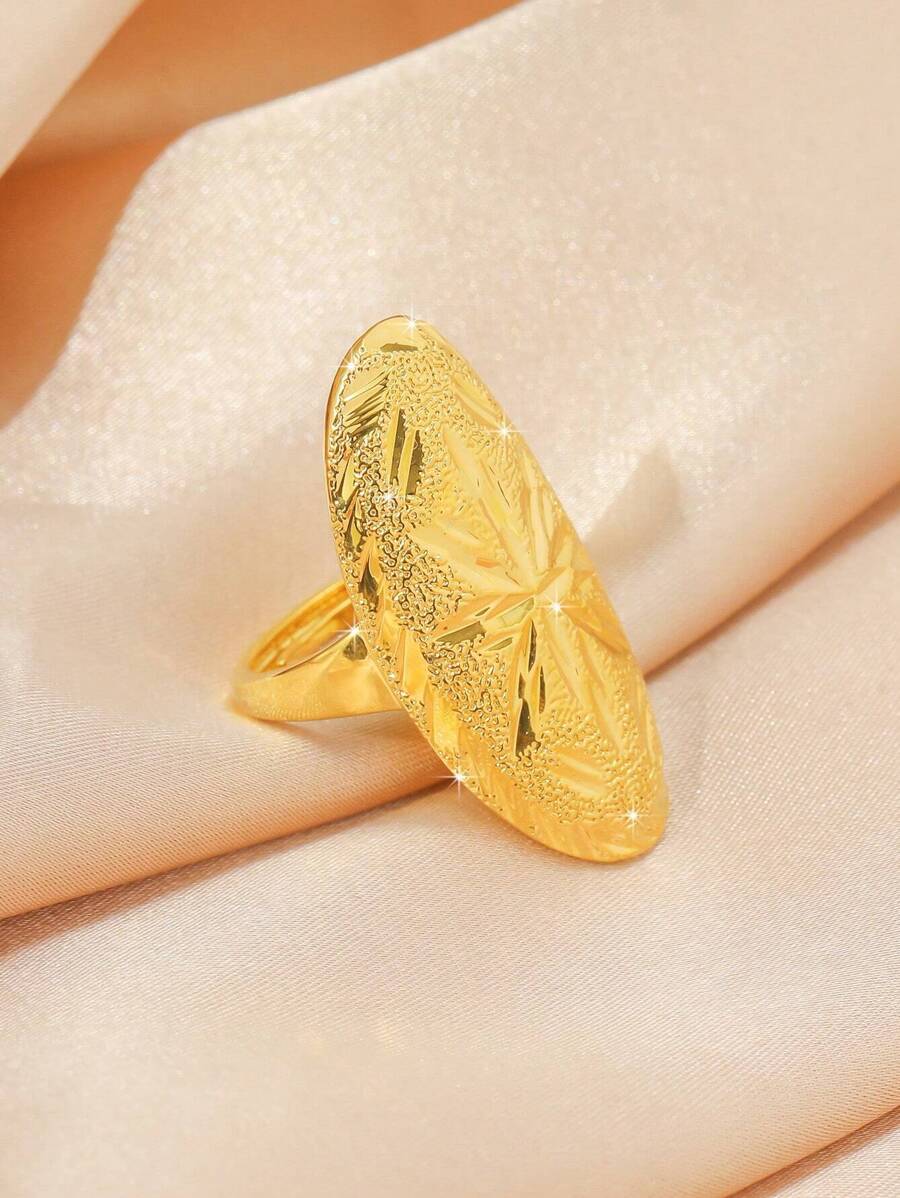 1pc Universal Style Elliptical Shaped Characteristic Face Star & Floral Pattern Ring For Women, Gift - Yellow Gold - View 1