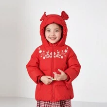 Balabala 年轻女孩花朵图案连帽羽绒服 - 紅色 - 查看 4