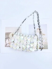 Handmade Shiny Iridescent Glitter Crossbody Bag With Chain Strap - Multicolor - View 9