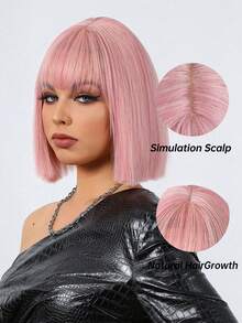 Pink 14 inch Short Straight Synthetic Wig With Bangs - Pink - View 4