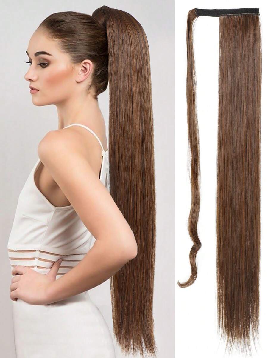 Dài Thẳng Phần mở rộng tóc đuôi ngựa Kẹp 24inch 32inch Quần quanh Tóc đuôi gà Chống nóng Sợi tổng hợp Ngựa con Cái đuôi Nối tóc Tóc Ánh sáng Nâu Tóc đuôi ngựa Đối với phụ nữ Cô gái - Light Brown - Xem 1