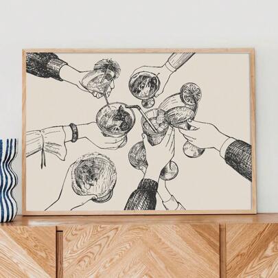 1 件 Cheers 复古艺术画现代简约酒吧推车鸡尾酒厨房海报帆布印刷俱乐部舞会装饰墙画家居餐厅装饰，无框