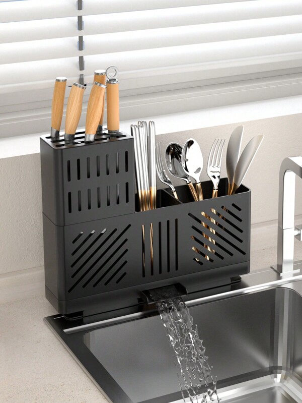 Adjustable Cutlery Drying Rack With Drainboard For Kitchen Utensils
