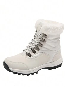 新款女用雪靴,pu 皮中筒靴,帶毛絨襯裡,白色,短毛絨,冬季保暖鞋 - 白色 - 查看 8