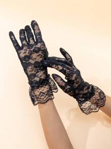 1 双女士性感时尚哥特式派对礼服手套，带玫瑰花和蕾丝细节蝴蝶结情人节