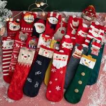 10pairs/pack Women's Random Color Red Tone Cute Christmas Socks, Comfortable & Breathable Mid-calf Socks - Multicolor - View 7