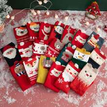 10pairs/pack Women's Random Color Red Tone Cute Christmas Socks, Comfortable & Breathable Mid-calf Socks - Multicolor - View 1
