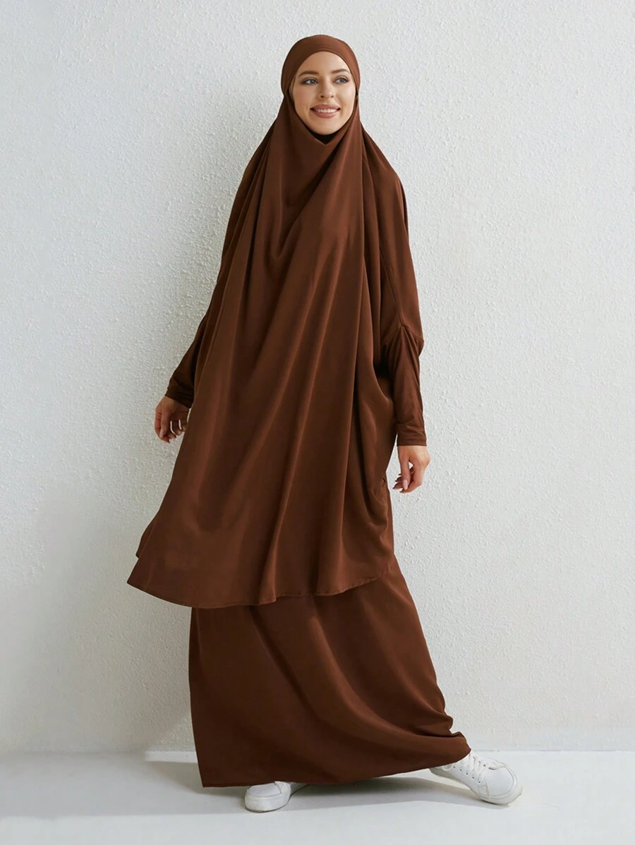 1set Women's Solid Color Matte Silky Chiffon Hijab Set With Sectioned Sleeve Edges, Suitable For Holidays - Coffee Brown - View 1