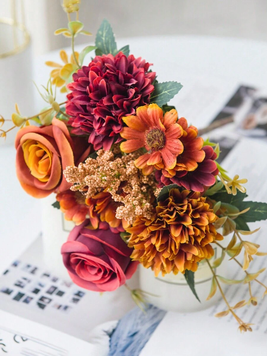 1 Miếng Thủ công Bó hoa Nhân tạo Với 6 Giống cúc , 2 Hoa hồng , 3 Hoa oải hương , 2 Hoa cúc Hoa - quả cam - Xem 1