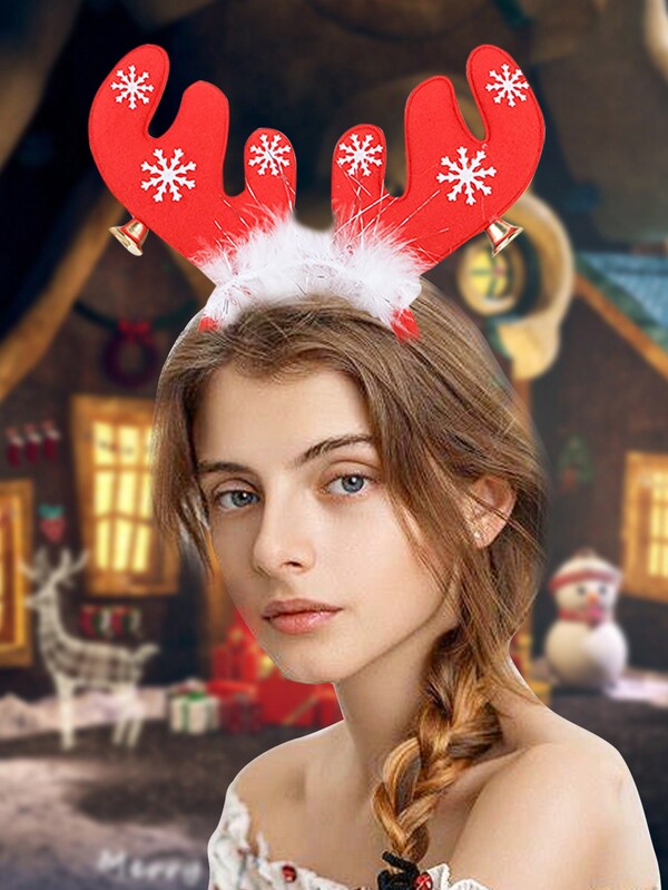 1 Pezzo Cerchietto Di Renna Decorativo Natalizio Con Piume Rosse, Fiocchi Di Neve, Campanelle E Corna, Accessorio Per Capelli Per Festa Di Natale, Regalo Di Natale, Prop Fotografia