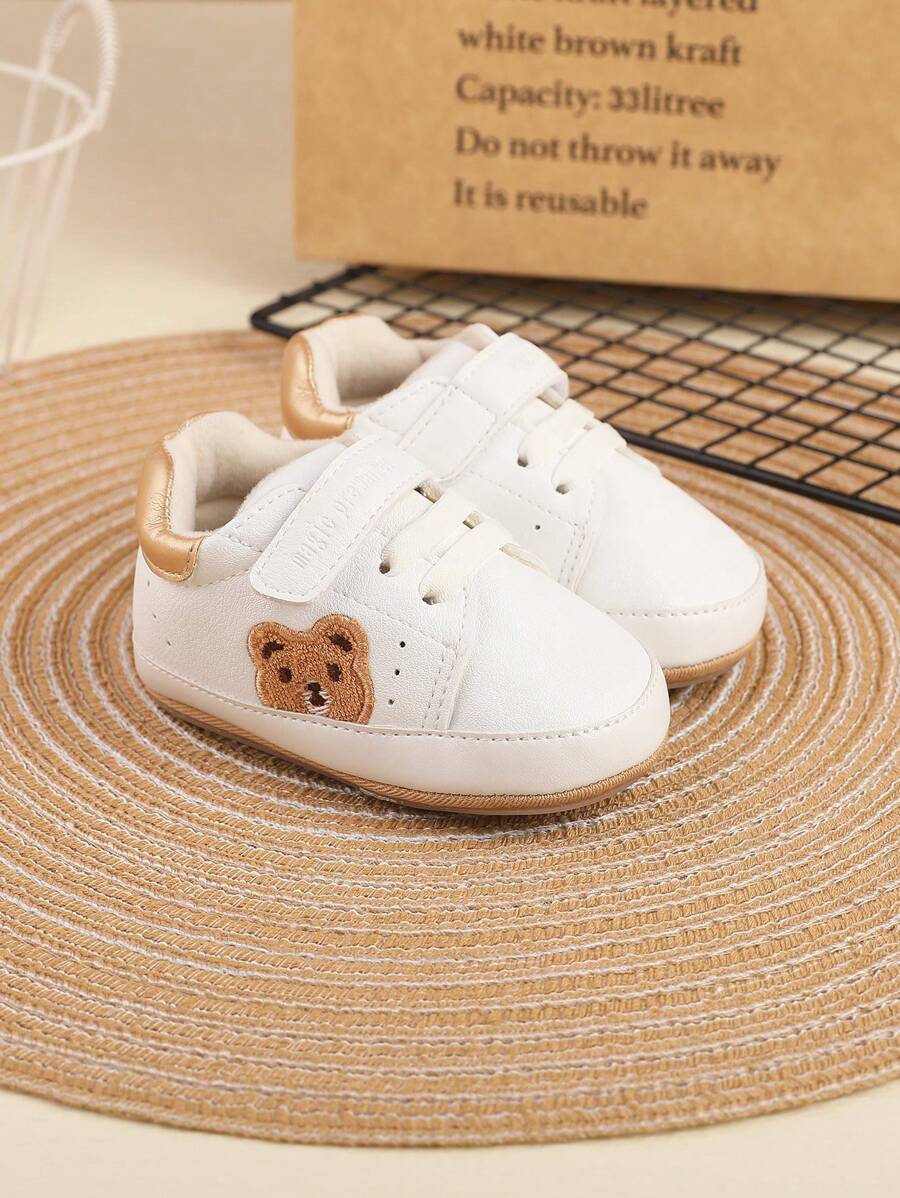 1pair Unisex Cartoon Bear Design Anti-slip Pu Hook And Loop Closure Soft Comfortable Sports Shoes, All Seasons Suitable - Gold - View 1