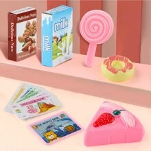 Juguete de caja registradora mini para niños, muñeca y accesorios de color aleatorio, juguete de caja registradora de tienda de conveniencia multifuncional con rompecabezas (Batería no incluida) - Rosa - Ver 7