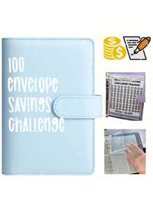 1套100個信封挑戰捆綁器,輕鬆有趣地儲存5,050美元的儲蓄挑戰捆綁器預算手帳,帶現金筆記本25個內頁（無編號）+ 1個電子頁面 - 藍色 - 查看 1