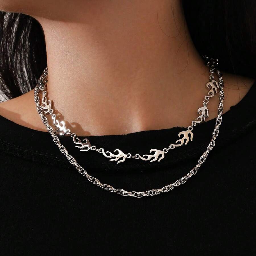 2pcs/set Flame Chain Design Simple Clavicle Chain Necklace, Suitable For Daily Wear - Silver - View 1