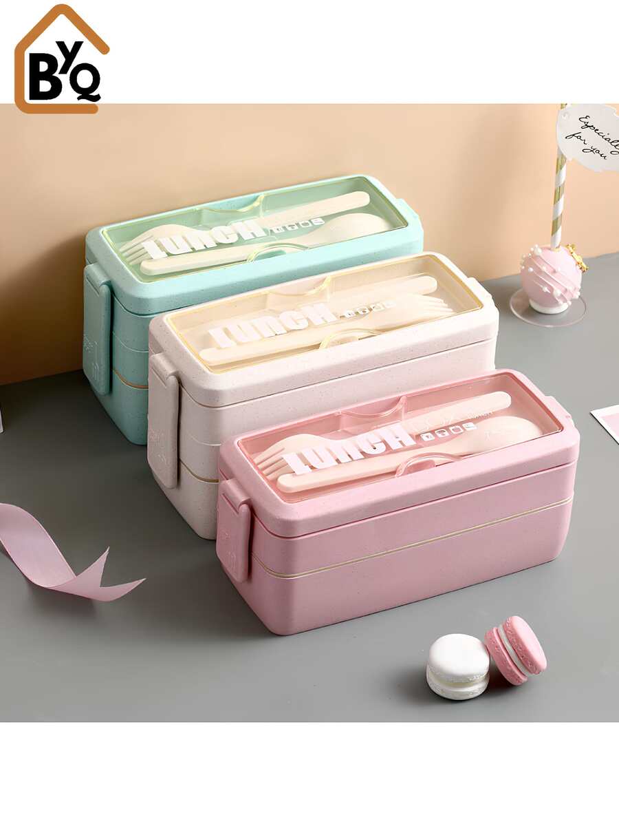 BYQ Bento Lunch Box For Adults Stackable 3 In 1 Compartment Wheat Straw Meal Prep Containers Lunch Box With Spoon And Fork 900ml - Pink - View 1