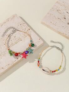 2pcs Handcrafted Bracelet Set With Starfish Shell Jingle Bell Pendant, Perfect For Beach Vacation - Multicolor - View 3
