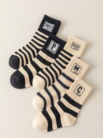 5入組男女通用黑白條紋卡其字母和數字舒適高彈中編襪,適用於青春、休閒、街頭風格、運動鞋、秋季新校服風格、厚實的冬季兒童襪子