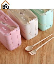 BYQ Bento Lunch Box For Adults Stackable 3 In 1 Compartment Wheat Straw Meal Prep Containers Lunch Box With Spoon And Fork 900ml - Beige - View 1