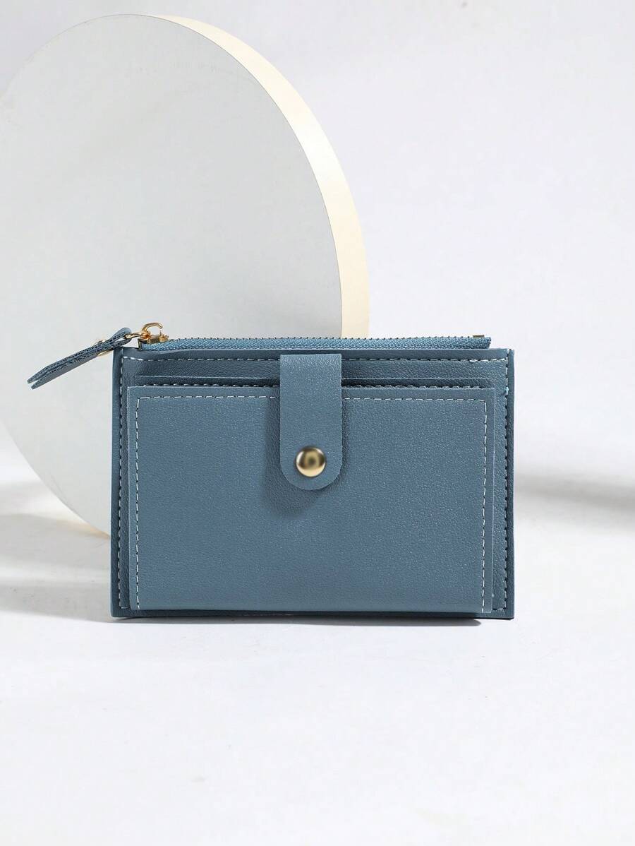 Minimalist Fold Small Wallet Women's Short Wallet, Solid Colour PU Mini Coin Purse, Cute Credit Card - Blue - View 1