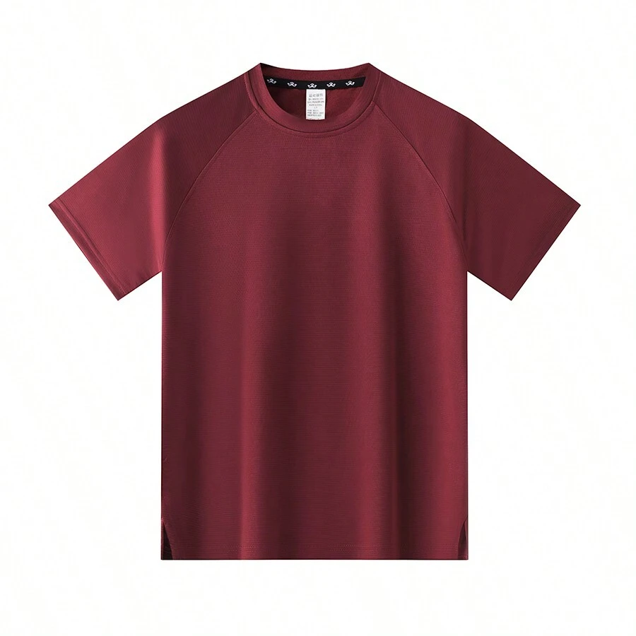 男款紅酒紅色運動t恤,適用於跑步、訓練、籃球,快乾透氣,高彈力健身服