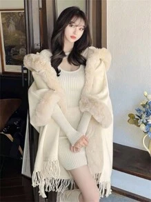 1件女式新復古流蘇設計冬季連帽披風大衣,厚雙面絨毛羊絨毛外套,大毛領,兔毛,蝙蝠袖,日常/日期/旅行禮品 - 杏色 - 查看 6