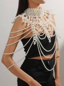 1 pieza Collar/Cadena de Body de perlas falsas blancas tejidas a mano, Collar de cuentas para mujer, Joyería de moda para boda, fiesta, pasarela