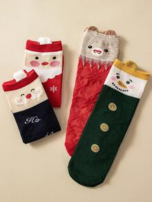 每包4雙女士中筒袜,特色為聖誕老人和各種印花,防異味和吸濕透氣,休閒多用途,時尚可愛,圓領設計,適用於聖誕節