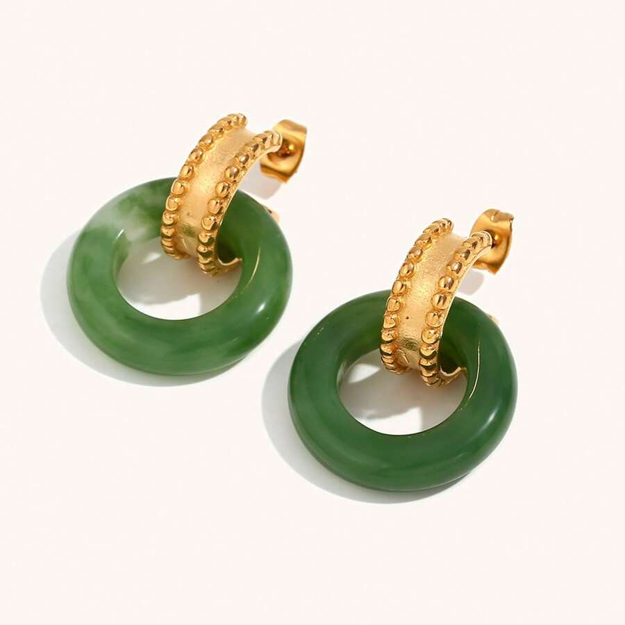 1對不受歡迎的ins風格豪華復古鍍金拼色亞克力耳環 - 綠色 - 查看 1