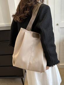 1pc Fashionable Color Block Casual Simple Lightweight Shoulder Tote Bag School Bag,Back To School Backpack,Large Capacity,Portable,Lightweight, Suitable For Teen Girls Women College Students, Perfect For Back To School,First Day Of School,College,Middle School, High School - Khaki - View 4
