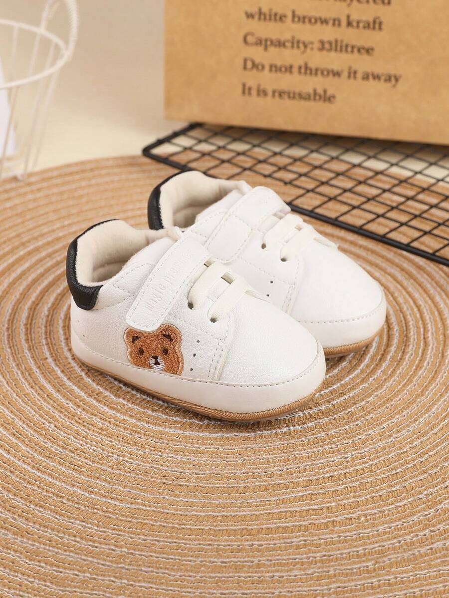 1對男童或女童卡通熊設計PU運動鞋，魔鬼氈閉合式，防滑，柔軟舒適，適合所有季節