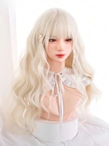 alicegarden 1頂合成耐熱長版自然波浪白金色帶劉海假髮,全長22英寸,以纖維製成,適合日常使用,自然逼真假髮(不包括配件)