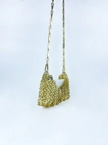 迷你金色金屬斜背包,鋁製鍊條肩帶