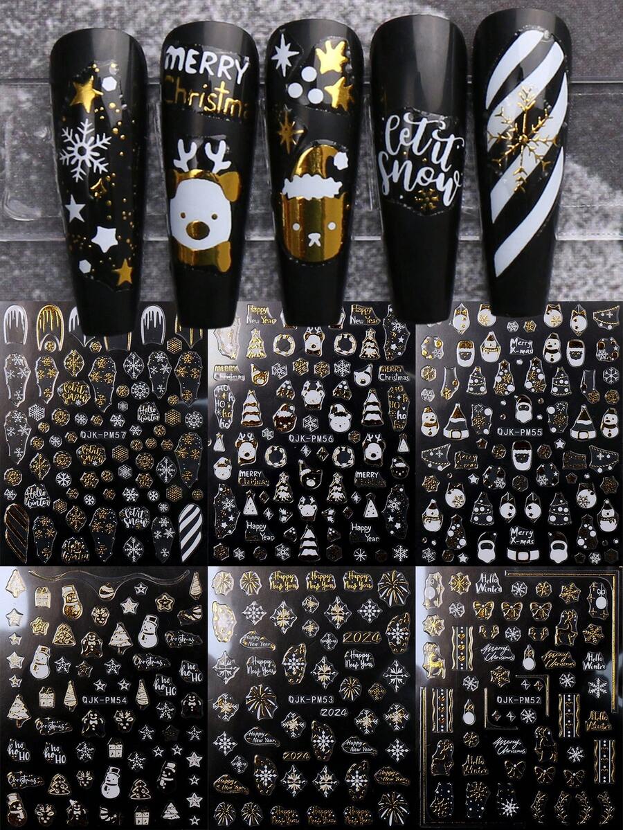 6張金箔雪花聖誕冬季新年美甲貼紙