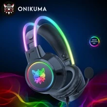 ONIKUMA RGB 灯光游戏耳机，发光头带，柔性降噪麦克风，有线 3D 立体声耳机，时尚流行，游戏耳机，音乐耳机，有线耳机，生日/节日/圣诞礼物 - 黑色 - 查看 2